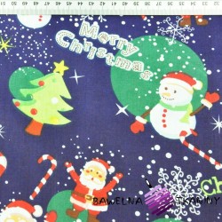 Cotton Christmas pattern Santas with snowmen on a navy blue background