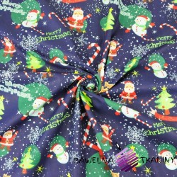 Cotton Christmas pattern Santas with snowmen on a navy blue background