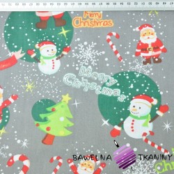 Cotton Christmas pattern Santas with snowmen on a gray background