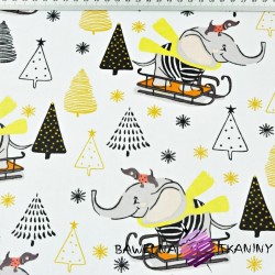 Cotton Christmas pattern elephants on a sled on a white background