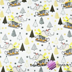 Cotton Christmas pattern elephants on a sled on a white background