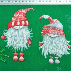 Cotton Christmas pattern dwarfs in pairs with snowflakes on a green background