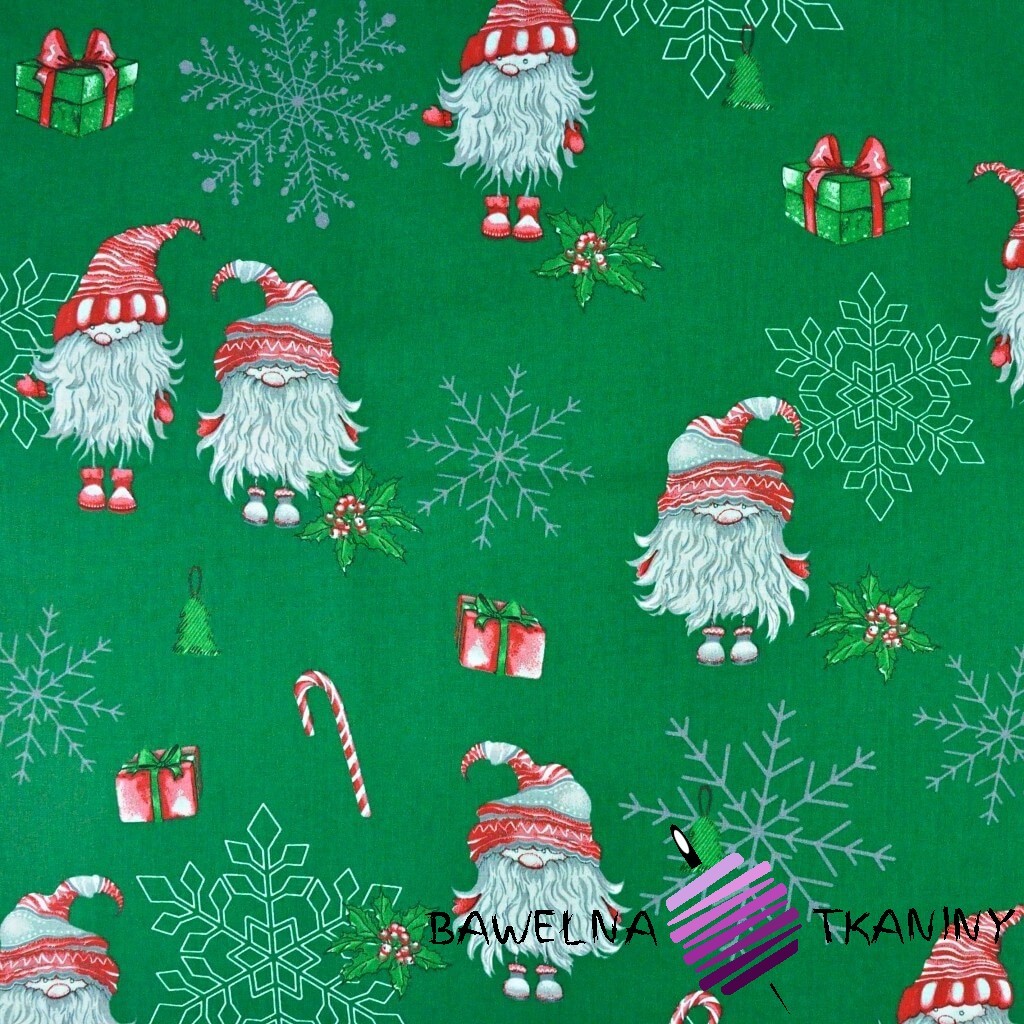 wzór świąteczny skrzaty w parach z śnieżynkami na zielonym tle