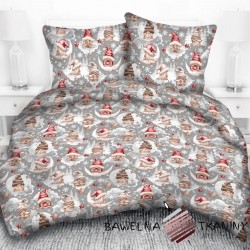 Cotton Christmas pattern beige and red sprites with stars on a gray background