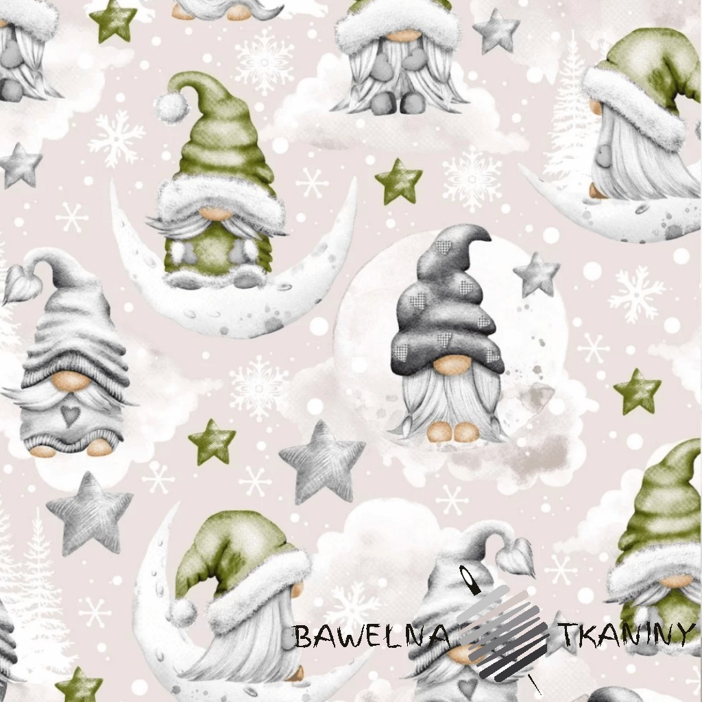 Cotton Christmas pattern green sprites with stars on a gray background
