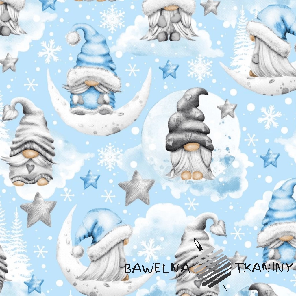 Bawełna wzór świąteczny skrzaty z gwiazdkami szaro niebieskie na niebieskim tle