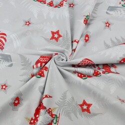 Cotton Christmas pattern gnomes with fern leaves on a gray background