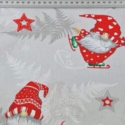 Cotton Christmas pattern gnomes with fern leaves on a gray background