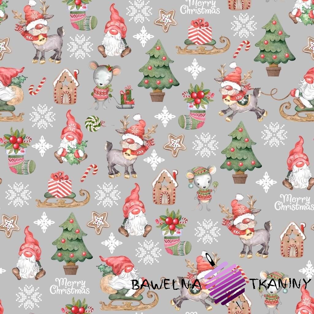 Bawełna wzór świąteczny skrzaty z myszkami na szarym tle