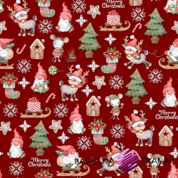 Bawełna wzór świąteczny skrzaty z myszkami na czerwonym tle