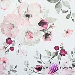 Cotton big flowers pink-gray apple blossoms on white background