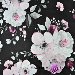 Cotton big flowers pink-gray apple blossoms on black background - 220cm