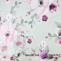 Cotton big flowers pink-gray apple blossoms on gray background - 220cm