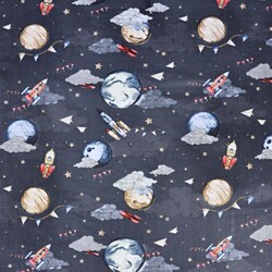 Cotton Planets with rockets in the gray-navy blue sky