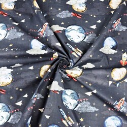 Cotton Planets with rockets in the gray-navy blue sky