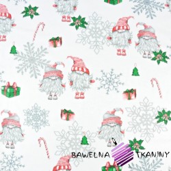 Flanela wzór świąteczny skrzaty w parach ze śnieżynkami na białym tle