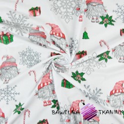Flanela wzór świąteczny skrzaty w parach ze śnieżynkami na białym tle