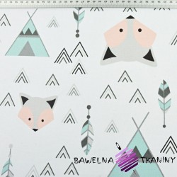 Cotton mint & apricot foxes with teepee on a white background