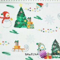 Cotton Christmas pattern snowmen with Christmas trees on a white background