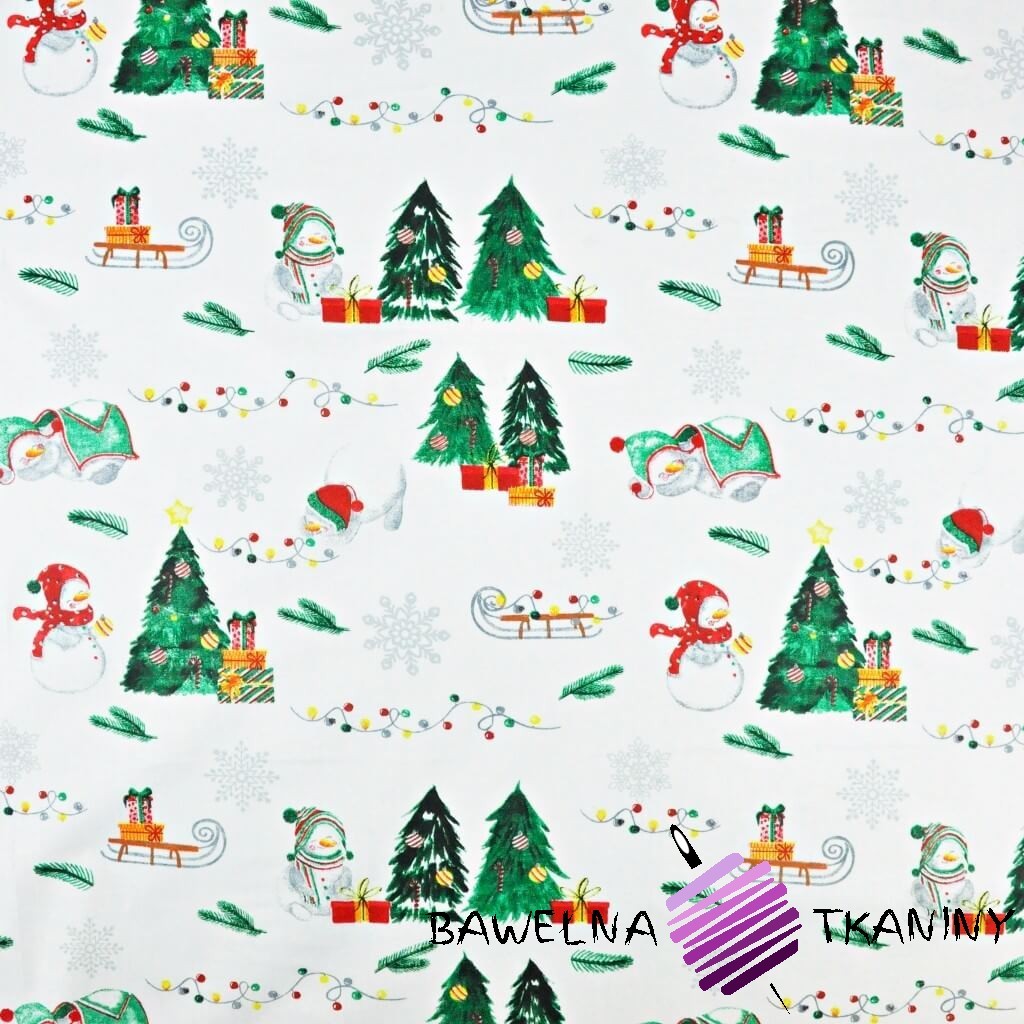 Cotton Christmas pattern snowmen with Christmas trees on a white background