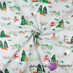 Cotton Christmas pattern snowmen with Christmas trees on a gray background
