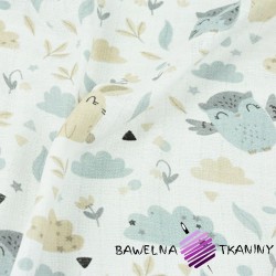 Cotton Tetra owls with beige-gray bunnies on a white background