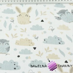 Cotton Tetra owls with beige-gray bunnies on a white background
