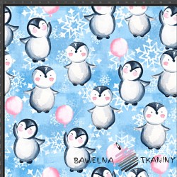 Looped knit digital print - Penguins with balloons on a blue background