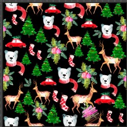 Looped knit digital print - Christmas teddy bears with deer on a black background