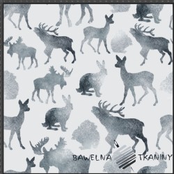 Looped knit digital print - Graphite reindeer on a white background
