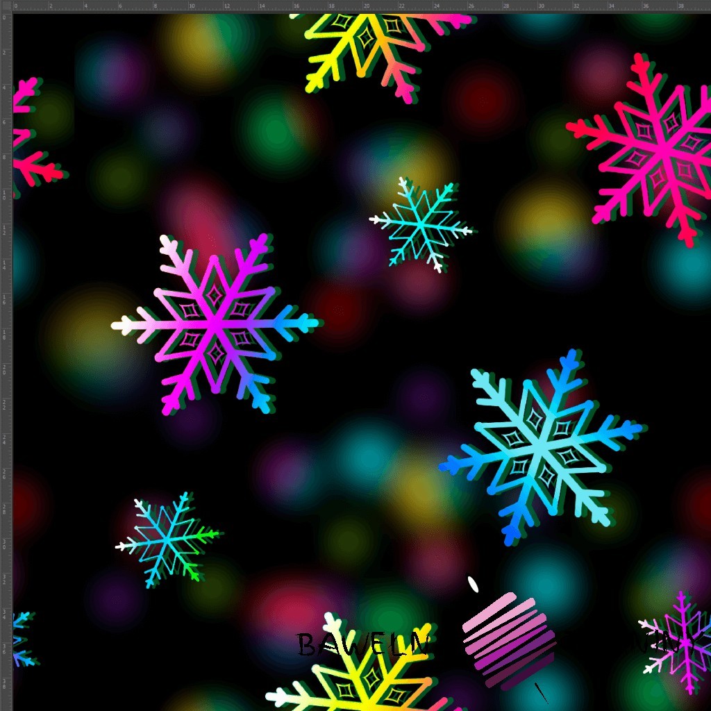 Dzianina Jersey druk cyfrowy świąteczne śnieżynki kolorowe na czarnym tle