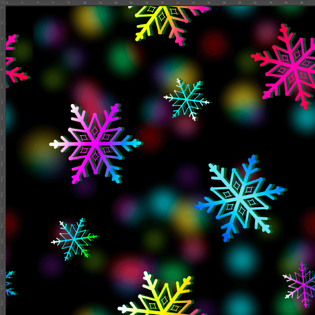 Jersey Knit Digital Print Christmas colourful Snowflakes on a black background