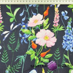 Cotton meadow with lupine on a dark navy background