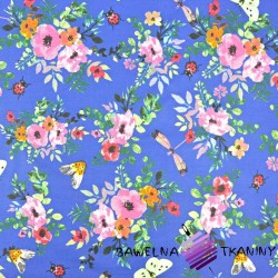 Cotton colorful poppies flowers with insects on sapphire background