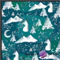 Jersey Knit Digital Print Christmas reindeer on a teal background
