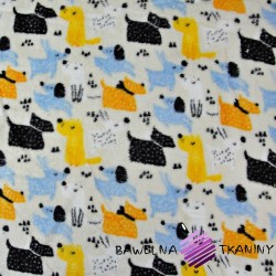 Soft fleece with blue, black and yellow dogs on an ecru background