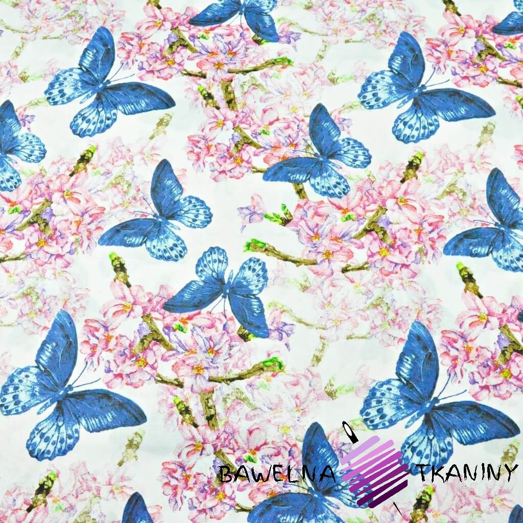 Cotton sapphire butterflies with pink flowers on a white background - 220cm