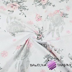 Cotton dream catcher with pink roses on white background