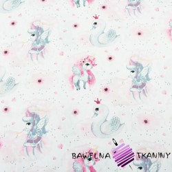 Cotton unicorns with blue-pink swans on white background