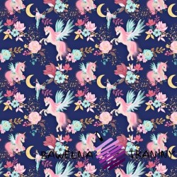 Cotton pink unicorns with hummingbirds on a navy blue background