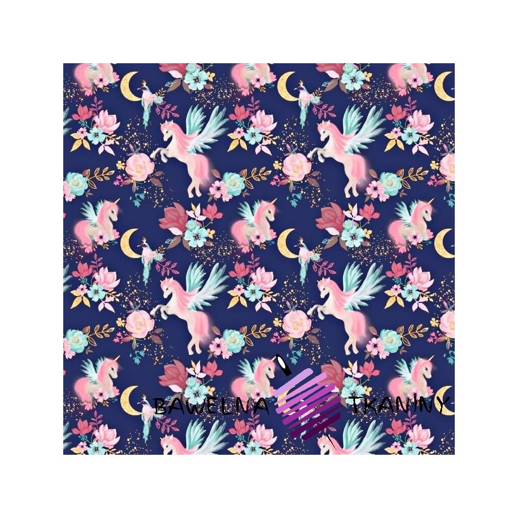 Cotton pink unicorns with hummingbirds on a navy blue background