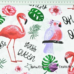 Cotton flamingos and parrots with leafs on white background