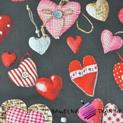 Cotton red pendants hearts on dark gray background