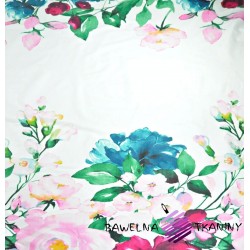Cotton Large fuchsia, pink and turquoise flowers on a white background