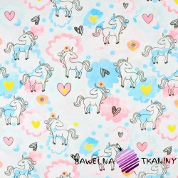 Cotton unicorns with blue-pink clouds on a white background
