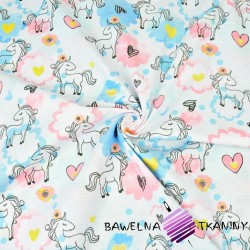 Cotton unicorns with blue-pink clouds on a white background