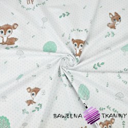 Cotton brown and sage deer with gray polka dots on white background