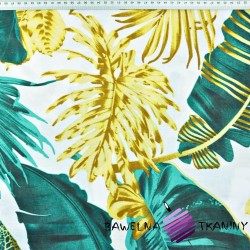 Cotton large, emerald-gold leaves on a white background - 220cm