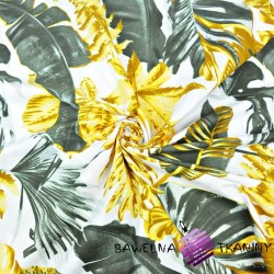 Cotton large gray-olive gold leaves on a white background - 220cm