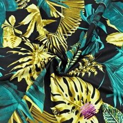 Cotton large emerald gold leaves on a black background - 220cm